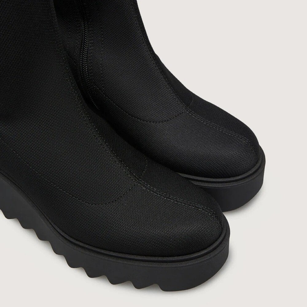 Marco Moreo Liege Petra Black Knee-High Stretch Wedge Boots – Modern Platform Boots with Stud Details