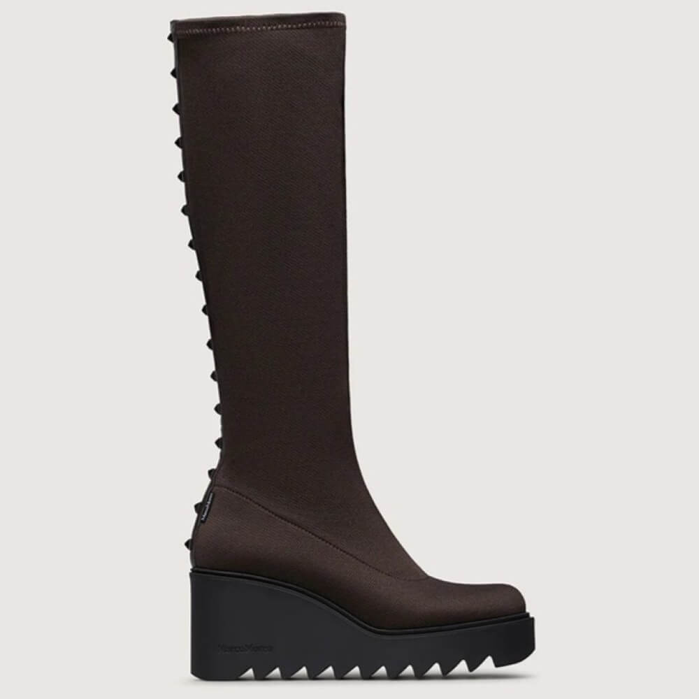 Marco Moreo Liege Petra Brown Knee-High Stretch Wedge Boots – Modern Platform Boots with Stud Details