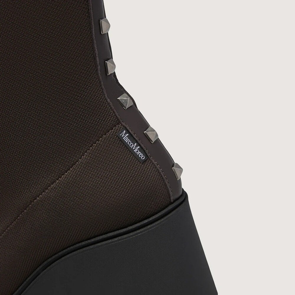 Marco Moreo Liege Petra Brown Knee-High Stretch Wedge Boots – Modern Platform Boots with Stud Details