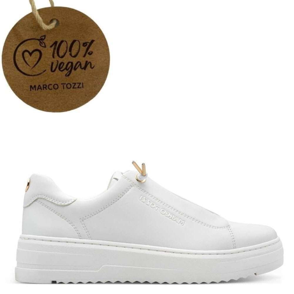 White sneaker with 'Marco Tozzi' branding on a white background