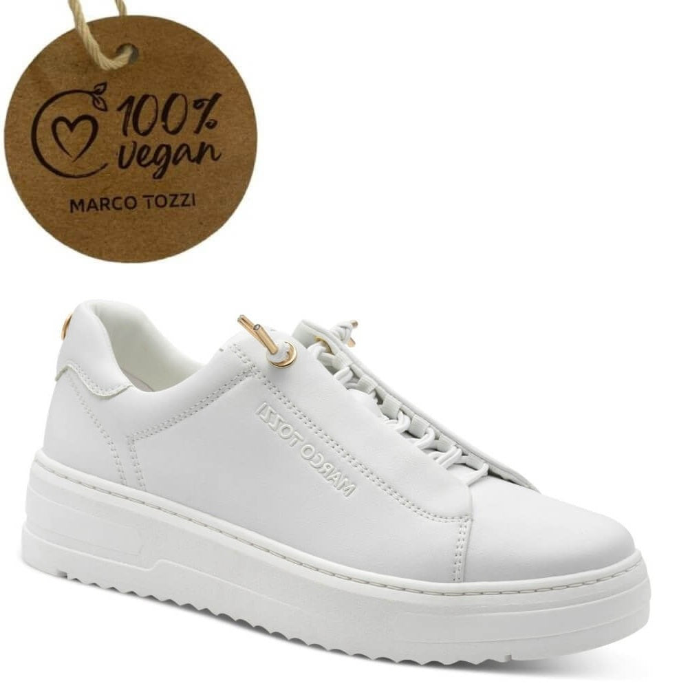 White sneaker with 'Marco Tozzi' branding on a white background