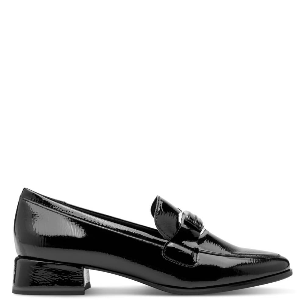 Black patent leather loafer on a white background