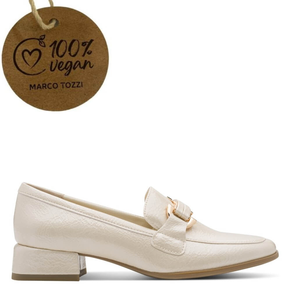 Beige loafer shoe with a '100% Vegan' tag by Marco Tozzi on a white background