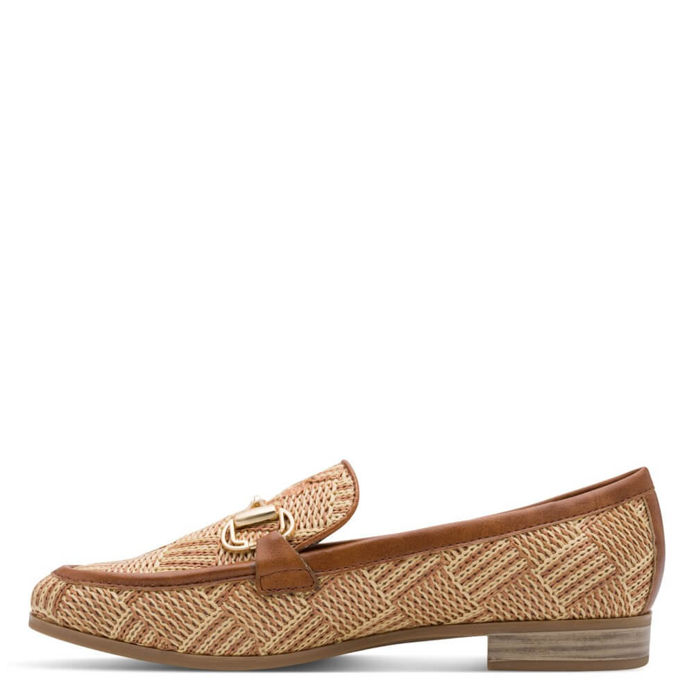 Brown woven loafer with gold buckle on a white background vegan