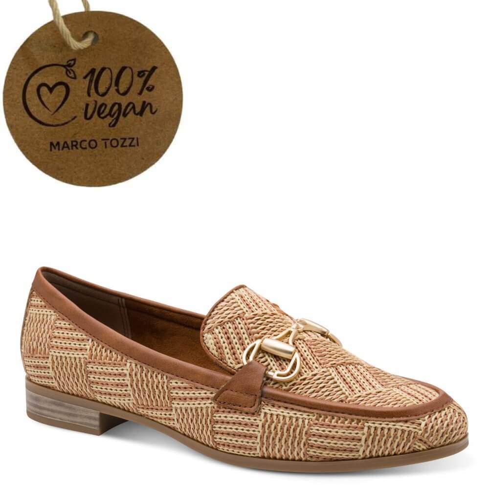 Brown vegan woven loafer with gold buckle on a white background vegan