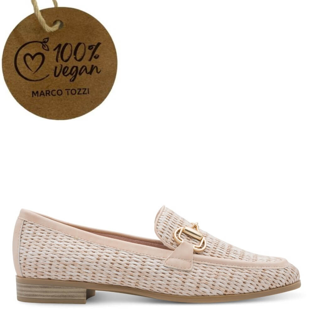 Beige woven loafer with gold buckle and '100% Vegan' label on a white background