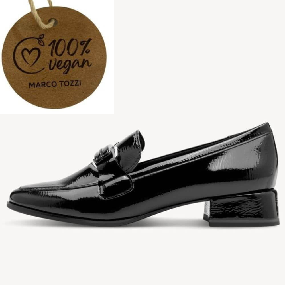 Black patent leather loafer with a '100% Vegan' Marco Tozzi tag on a white background Marco Tozzi Vegan Loafer 2-24250-BLACK