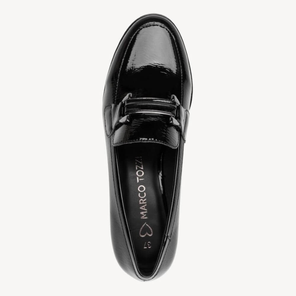 Black patent leather loafer shoe with 'Marco Tozzi' branding on a white background Marco Tozzi Vegan Loafer 2-24250-BLACK