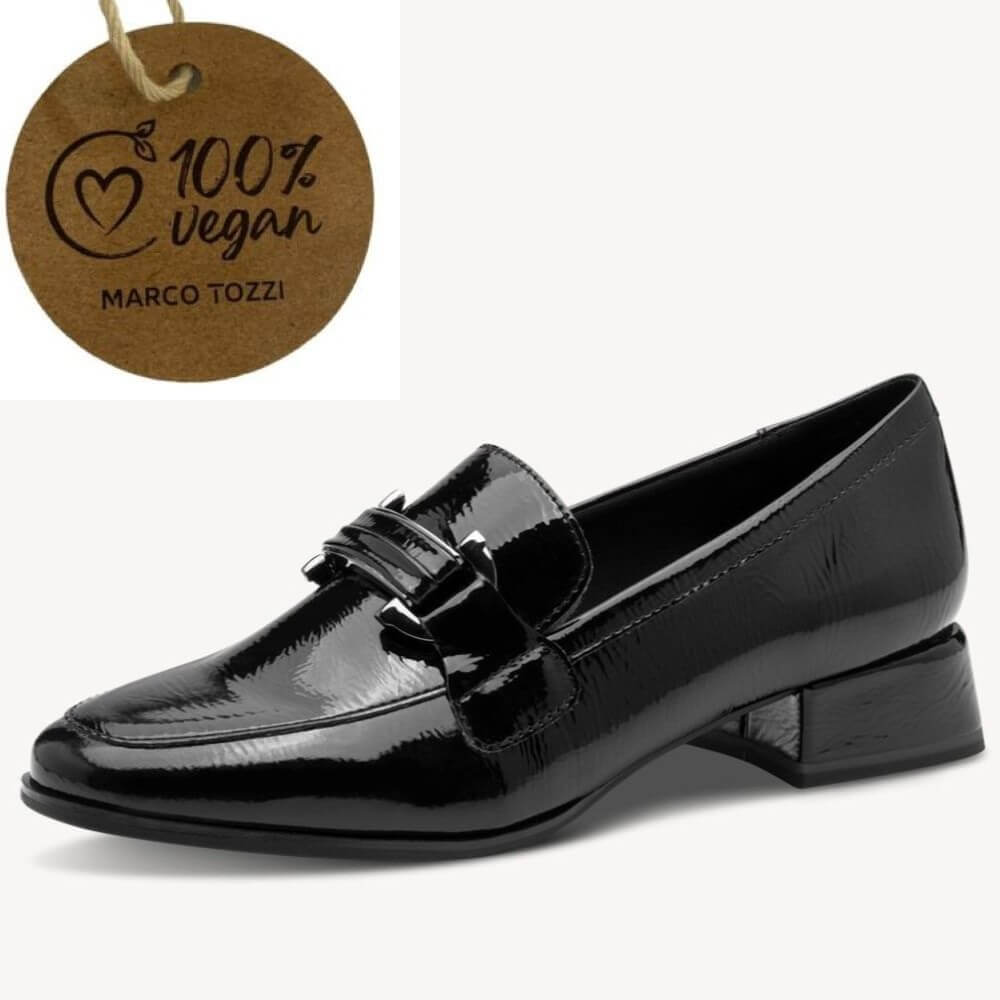 Black patent leather loafer with a '100% Vegan' Marco Tozzi tag Marco Tozzi Vegan Loafer 2-24250-BLACK
