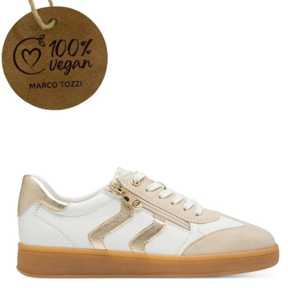 White and beige sneaker with a '100% vegan' label on a white background