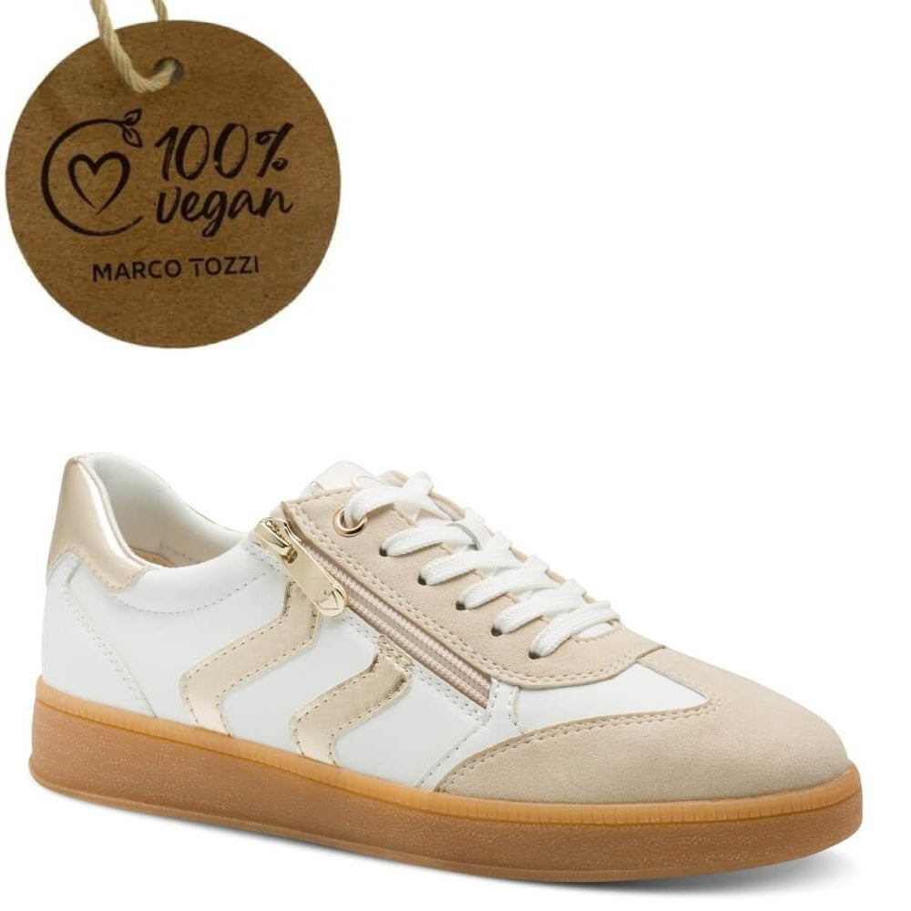 Beige and white sneaker with a '100% Vegan' label on a white background