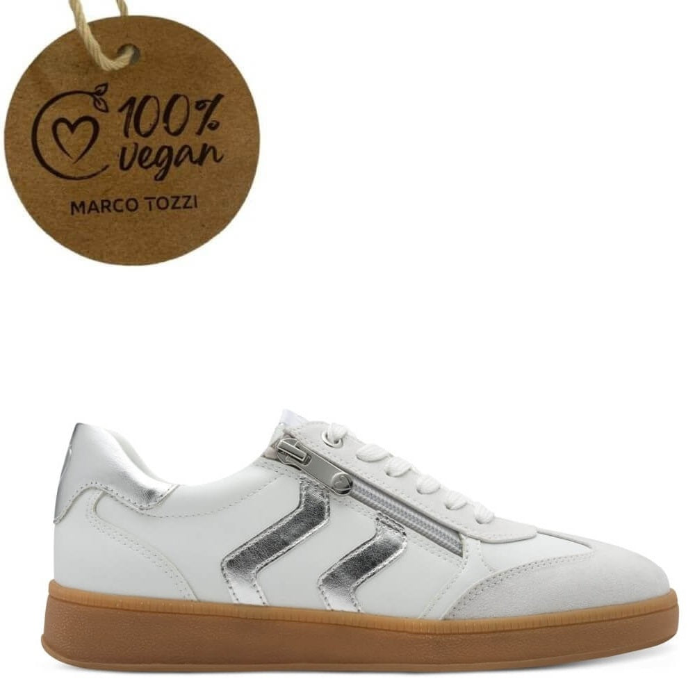 White sneaker with brown sole and '100% Vegan' label on a white background