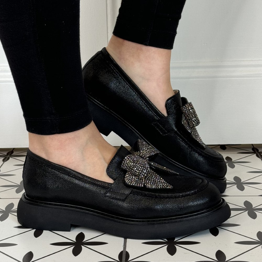 Marian 9106 Diamonte Bow Loafer-BLACK