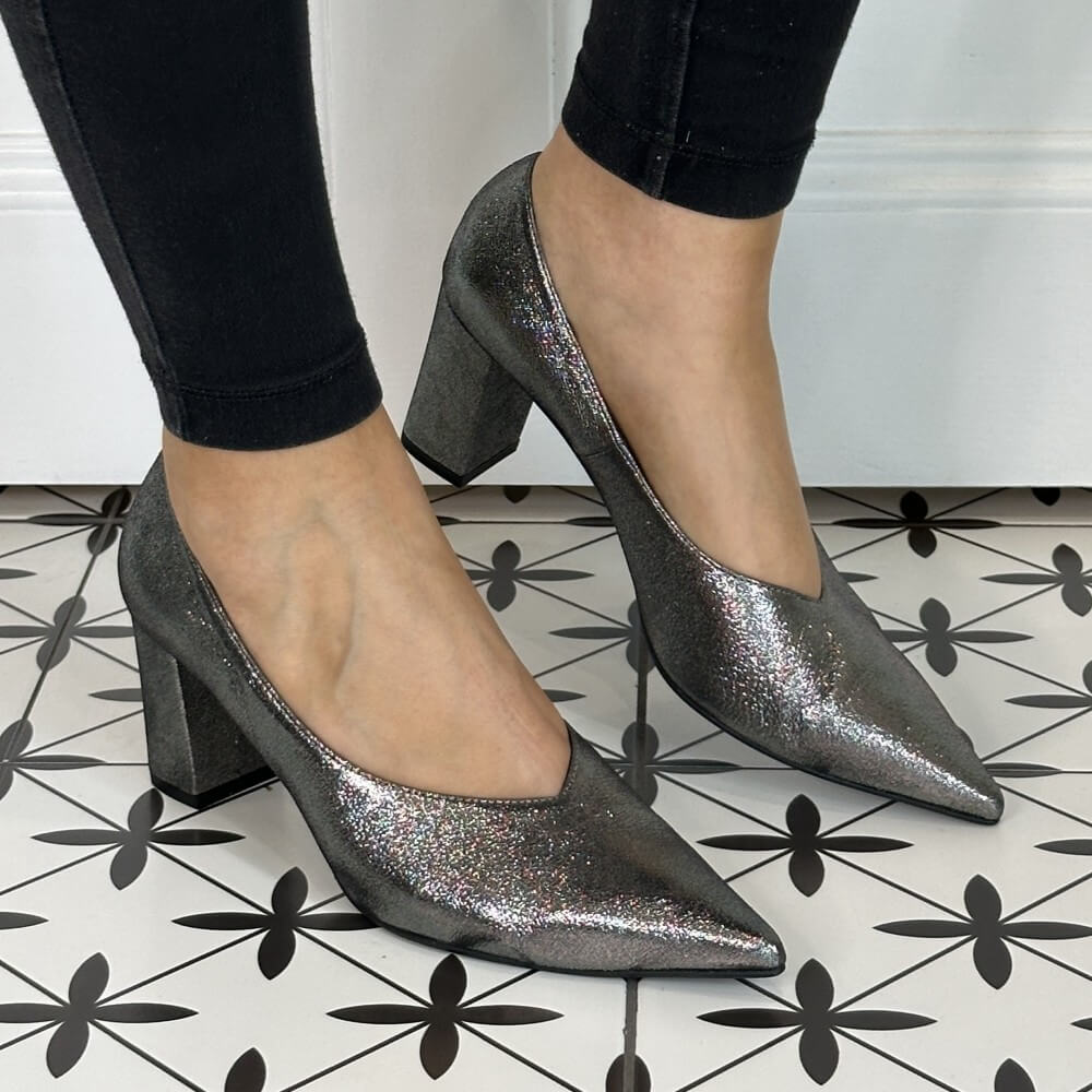 Silver glittery high-heeled shoes worn with black pants Marian Block Heel Court Shoe 2305 Dark Silver