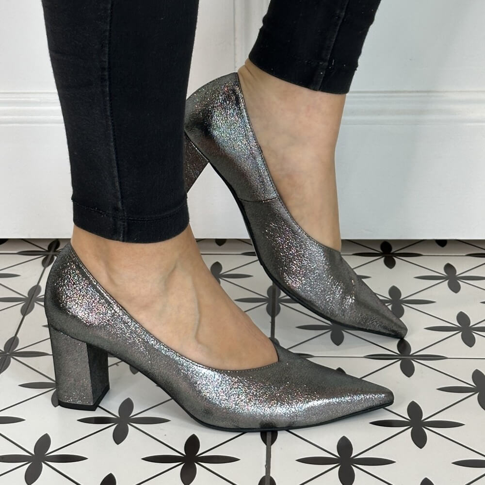 Silver glittery high-heeled shoes worn with black pants Marian Block Heel Court Shoe 2305 Dark Silver