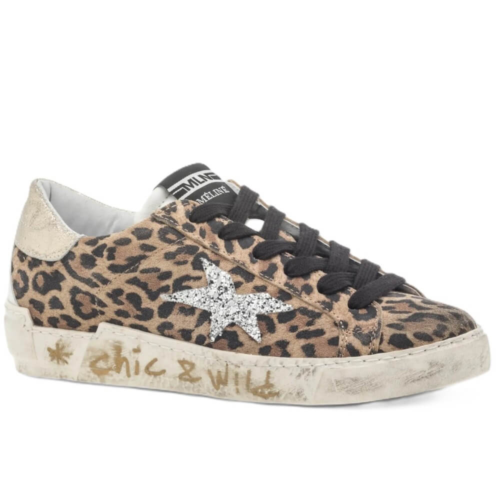 Meline Leopard print sneaker with star detail and 'chic & wild' text on a white background