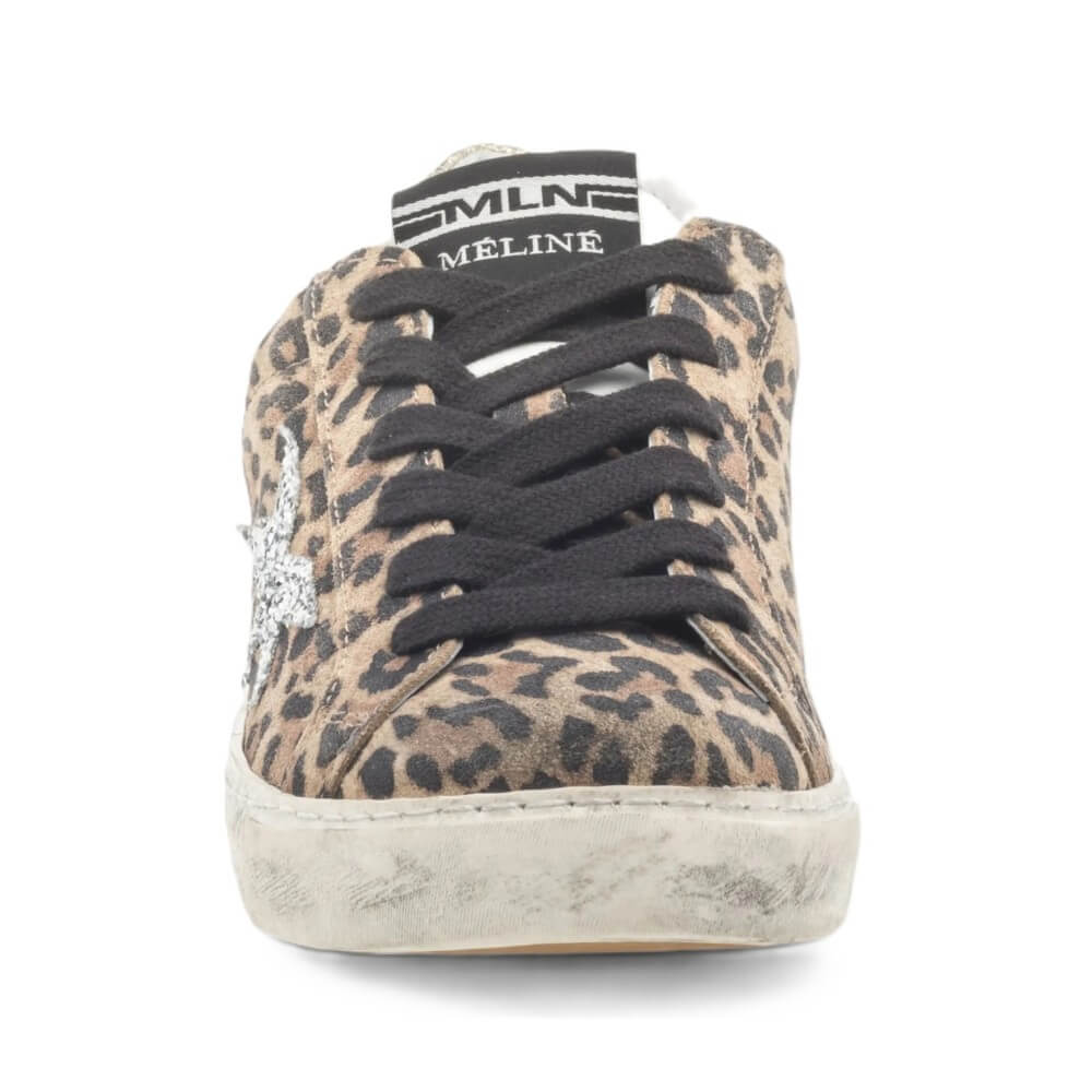 Leopard print sneaker with black laces on a white background