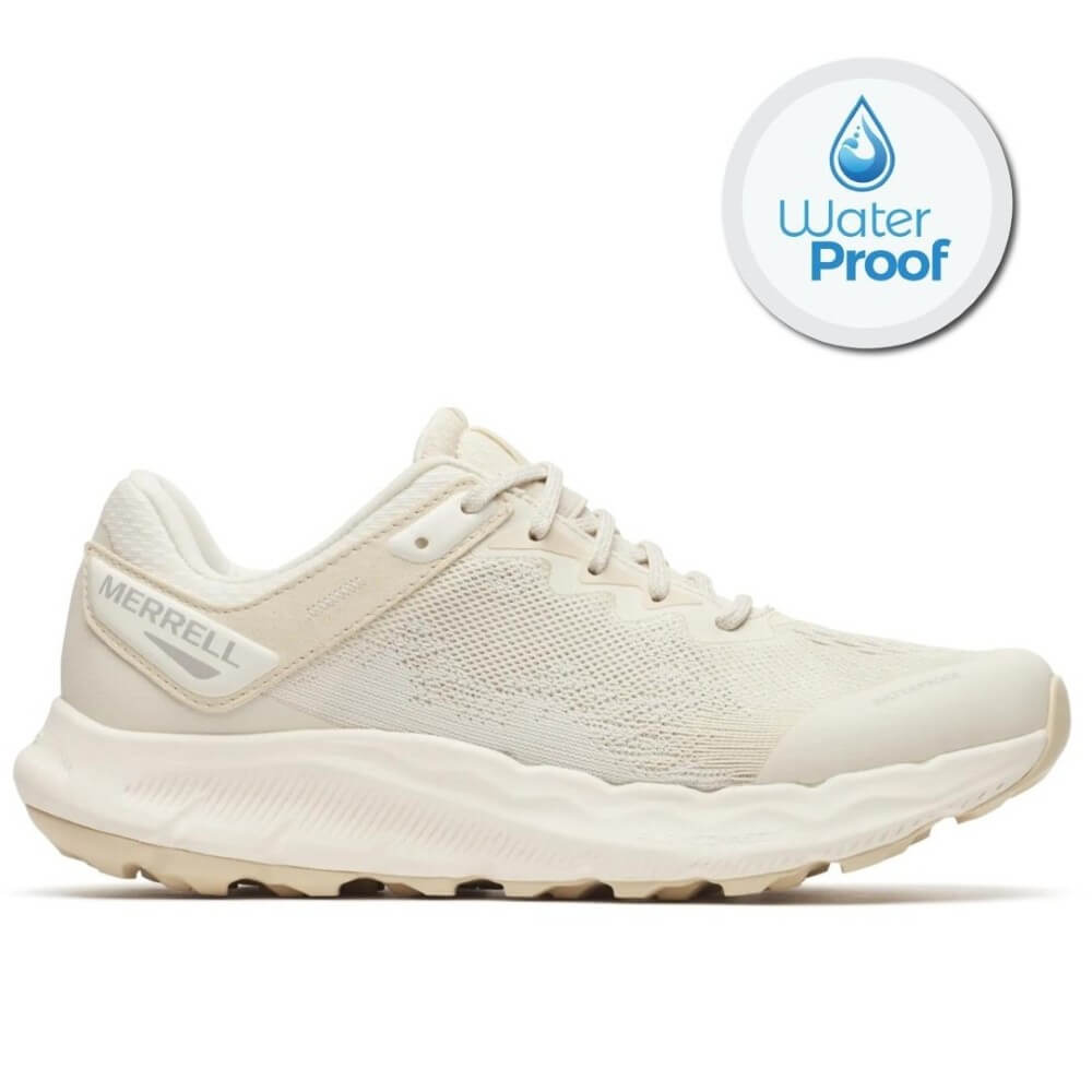 Beige running shoe with 'Merrell' branding on a white background, featuring a waterproof badge.
