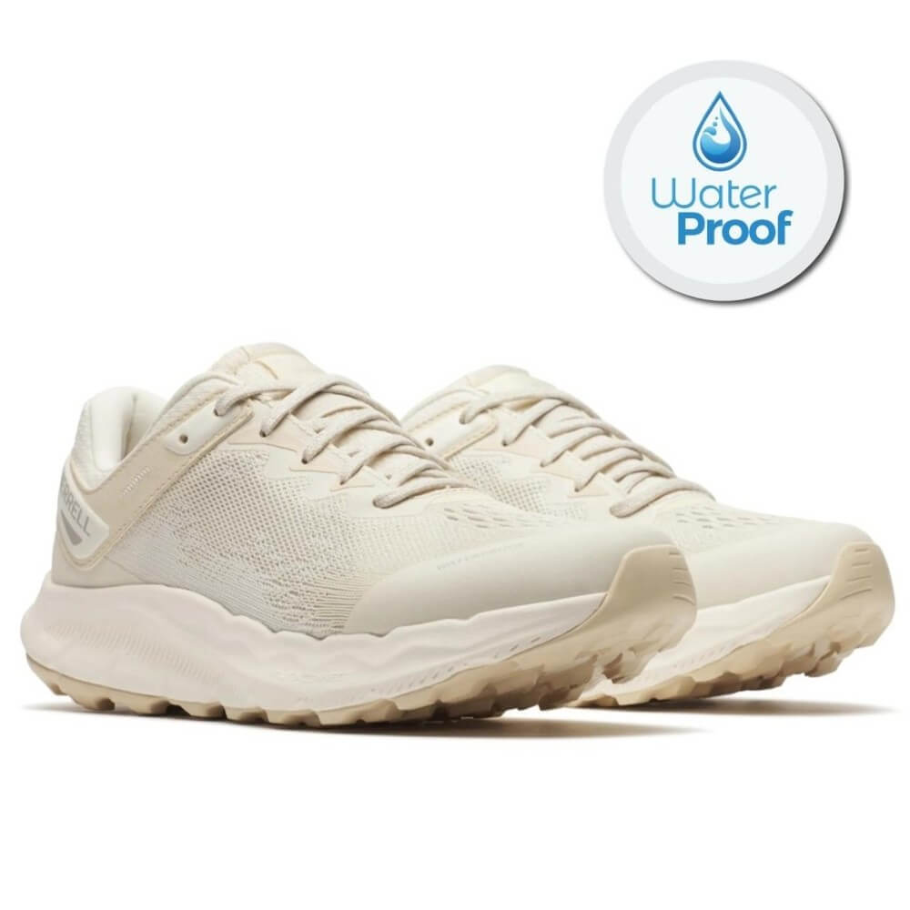 Beige running shoe with 'Merrell' branding on a white background, featuring a waterproof badge.