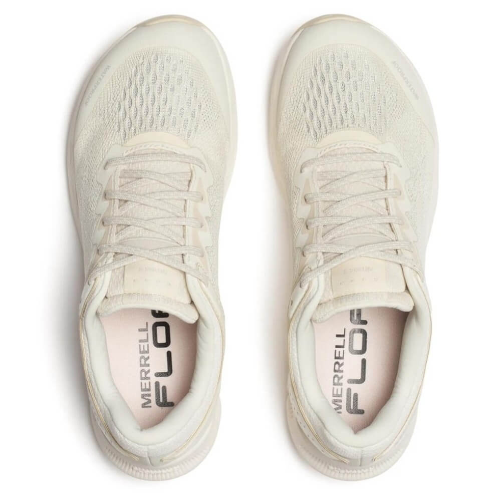 Beige running shoe with 'Merrell' branding on a white background, featuring a waterproof badge.
