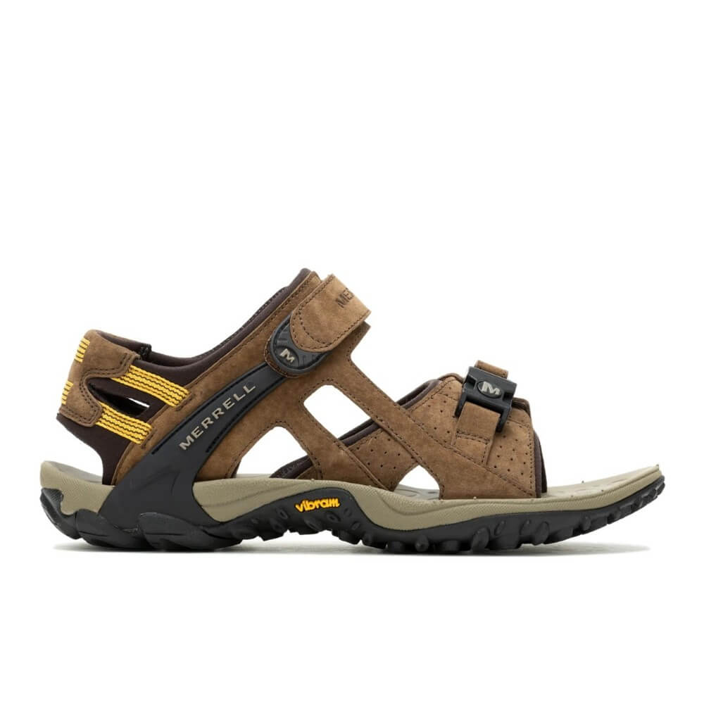 Merrell Brown walking sandal with black and yellow accents on a white background