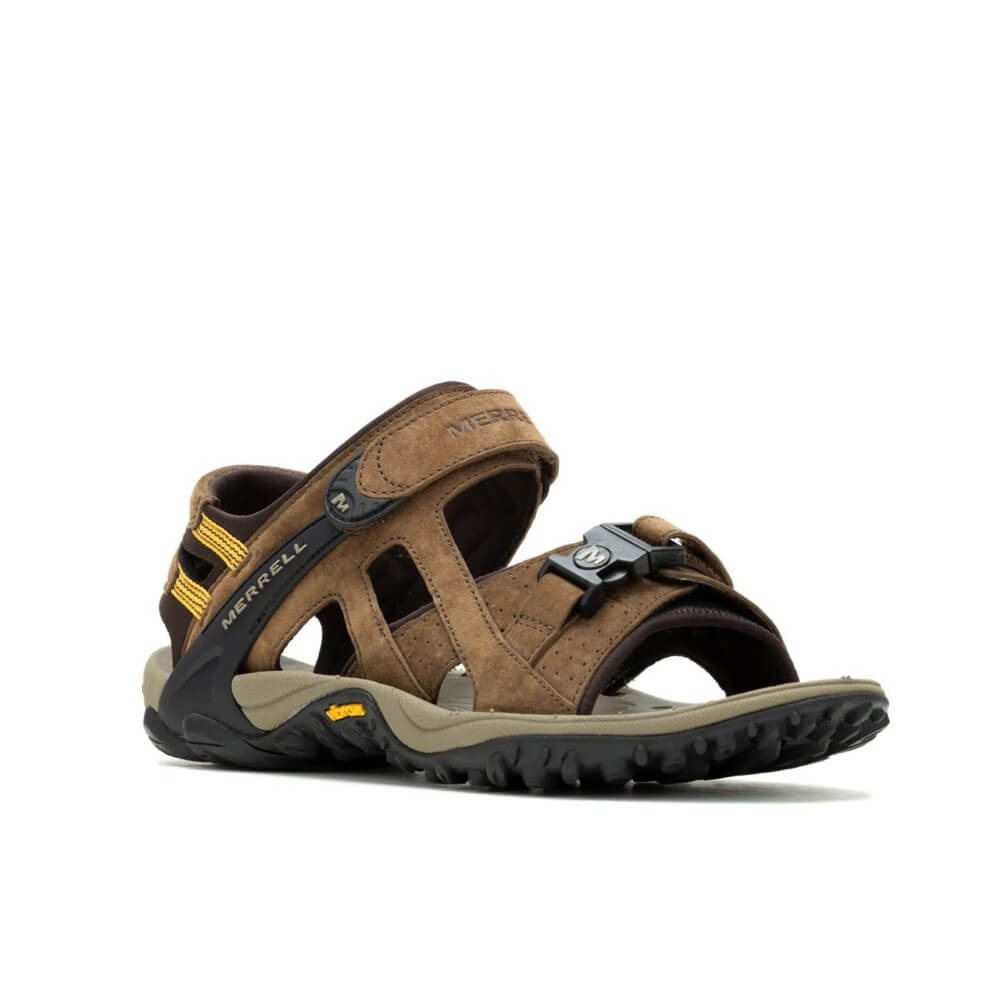 Merrell Brown walking sandal with black and yellow accents on a white background