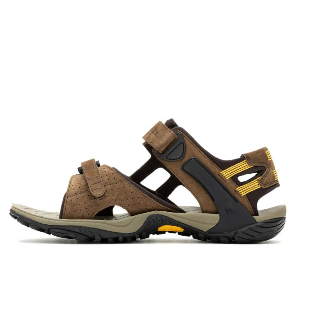 Merrell Brown walking sandal with black and yellow accents on a white background