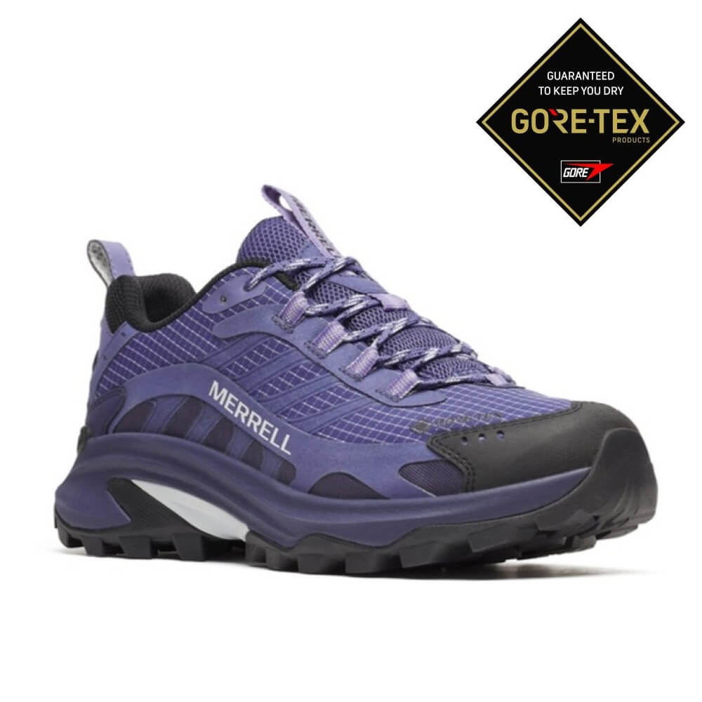 Purple hiking shoe with black sole and Merrell branding, featuring GORE-TEX logo.