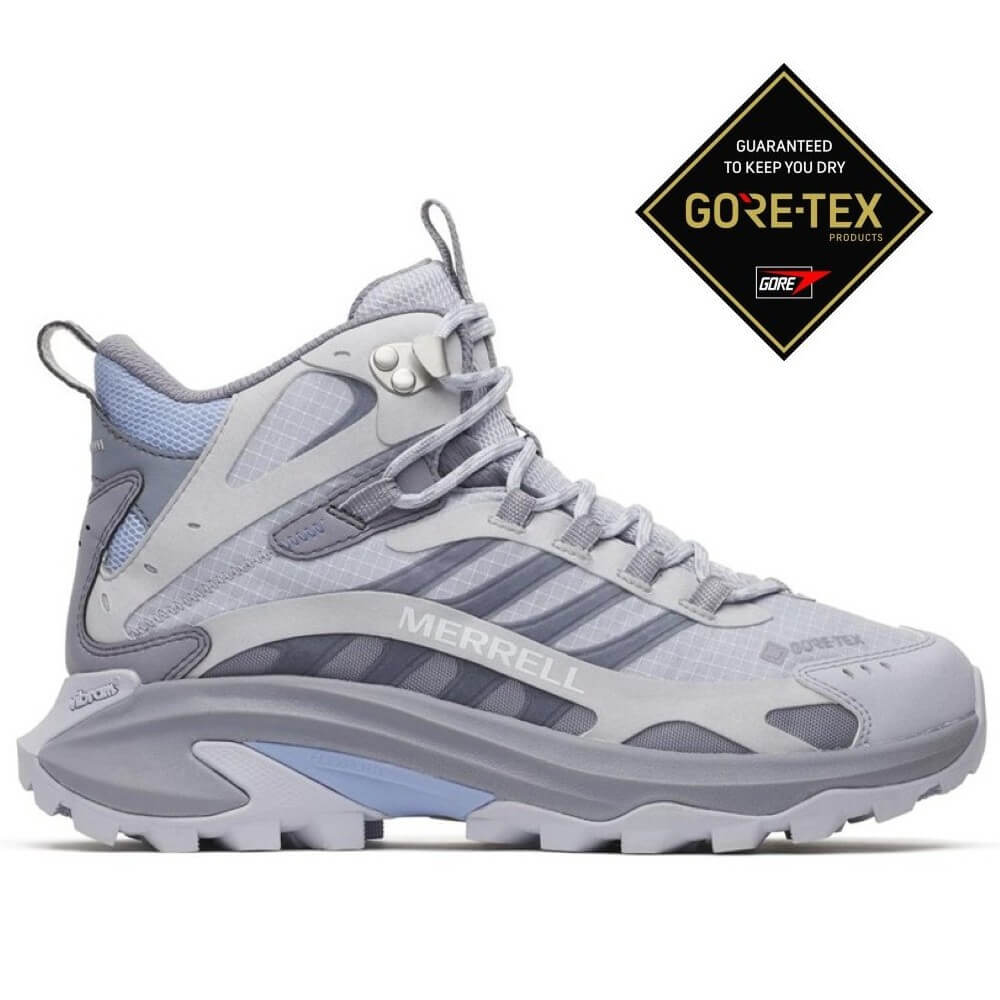 Gray hiking boot with Merrell branding and Gore-Tex logo on a white background