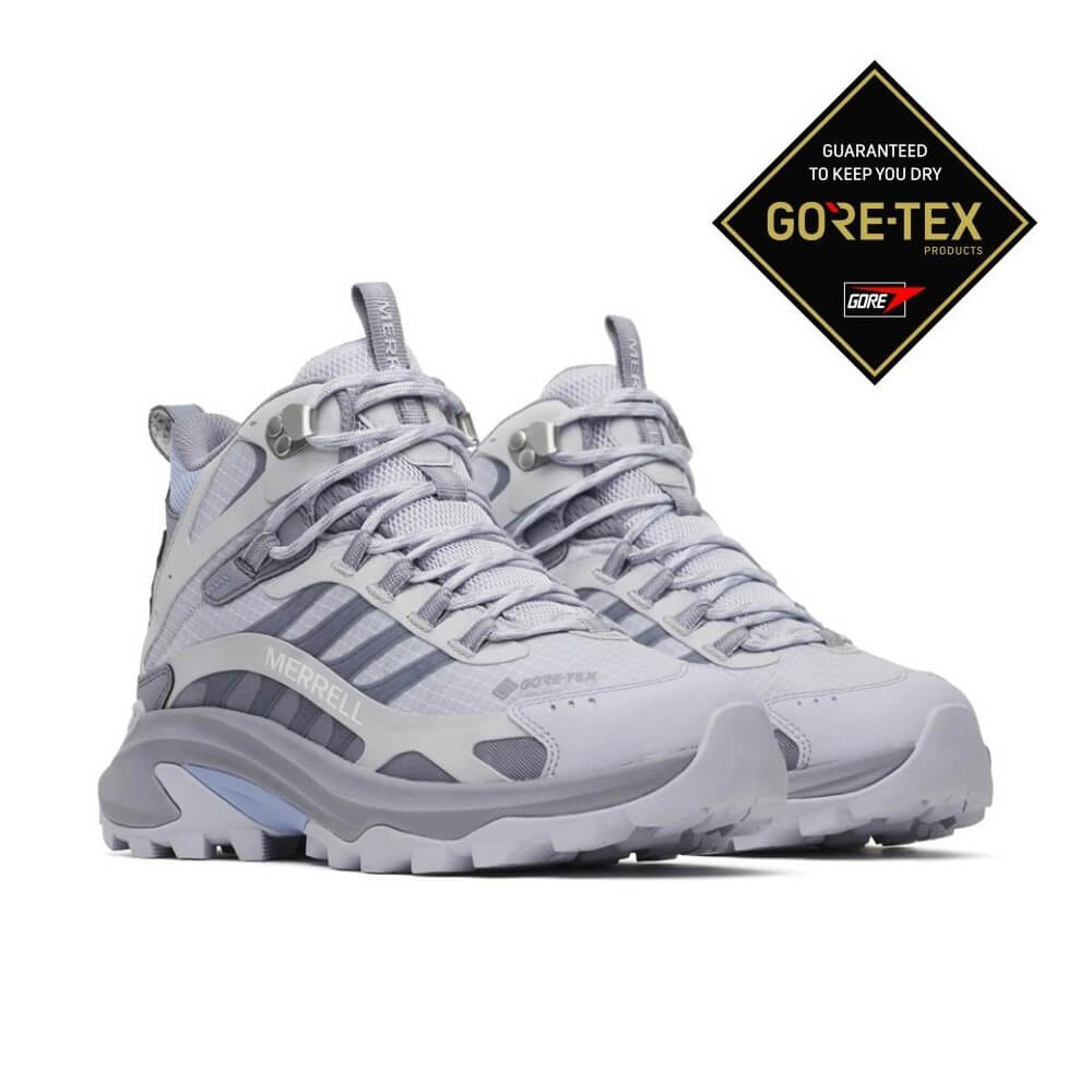 Gray hiking boots with Merrell branding and Gore-Tex logo on a white background