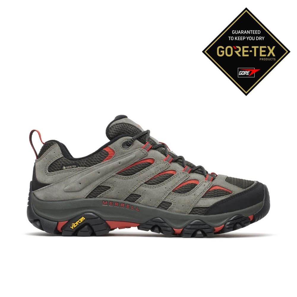 Merrell Grey and Red Men's Gore-Tex Hiking Shoe on a white Background