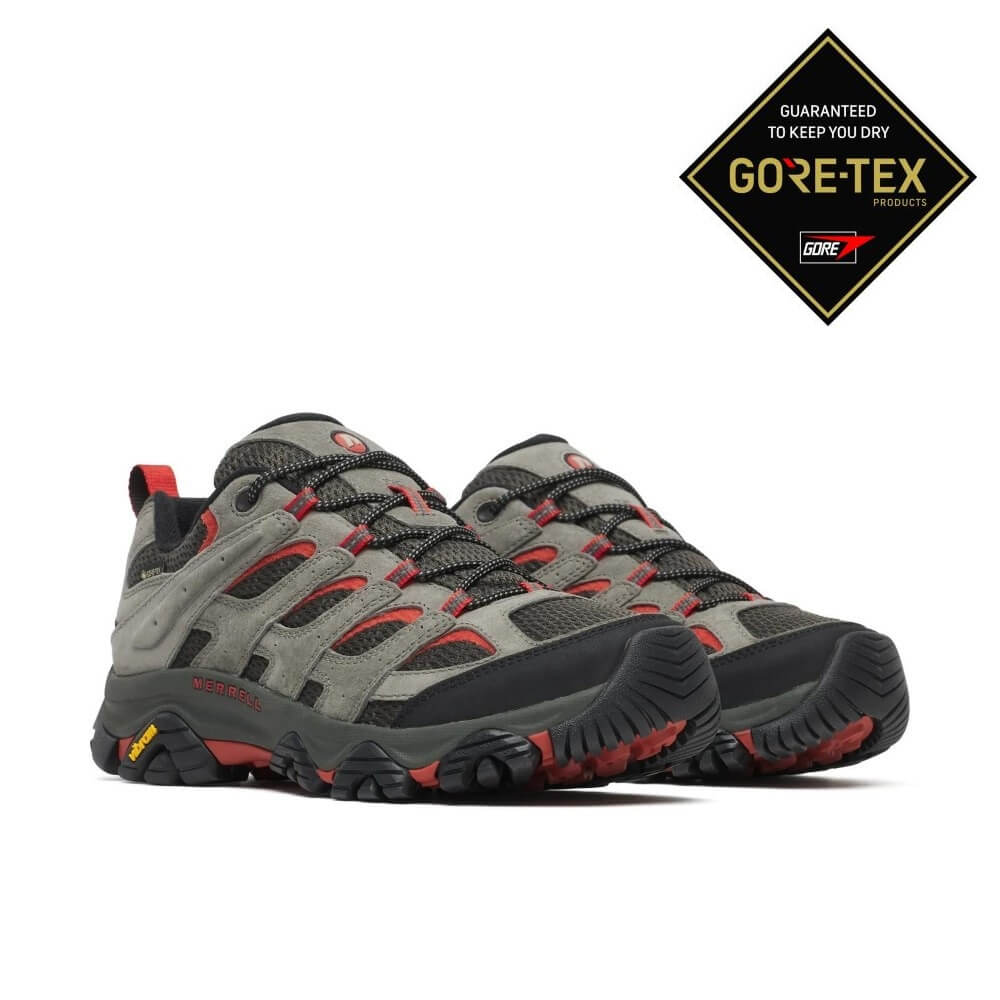 Pair of Merrell Moab Grey and Red Men's Gore-Tex Hiking Shoes on a white Background