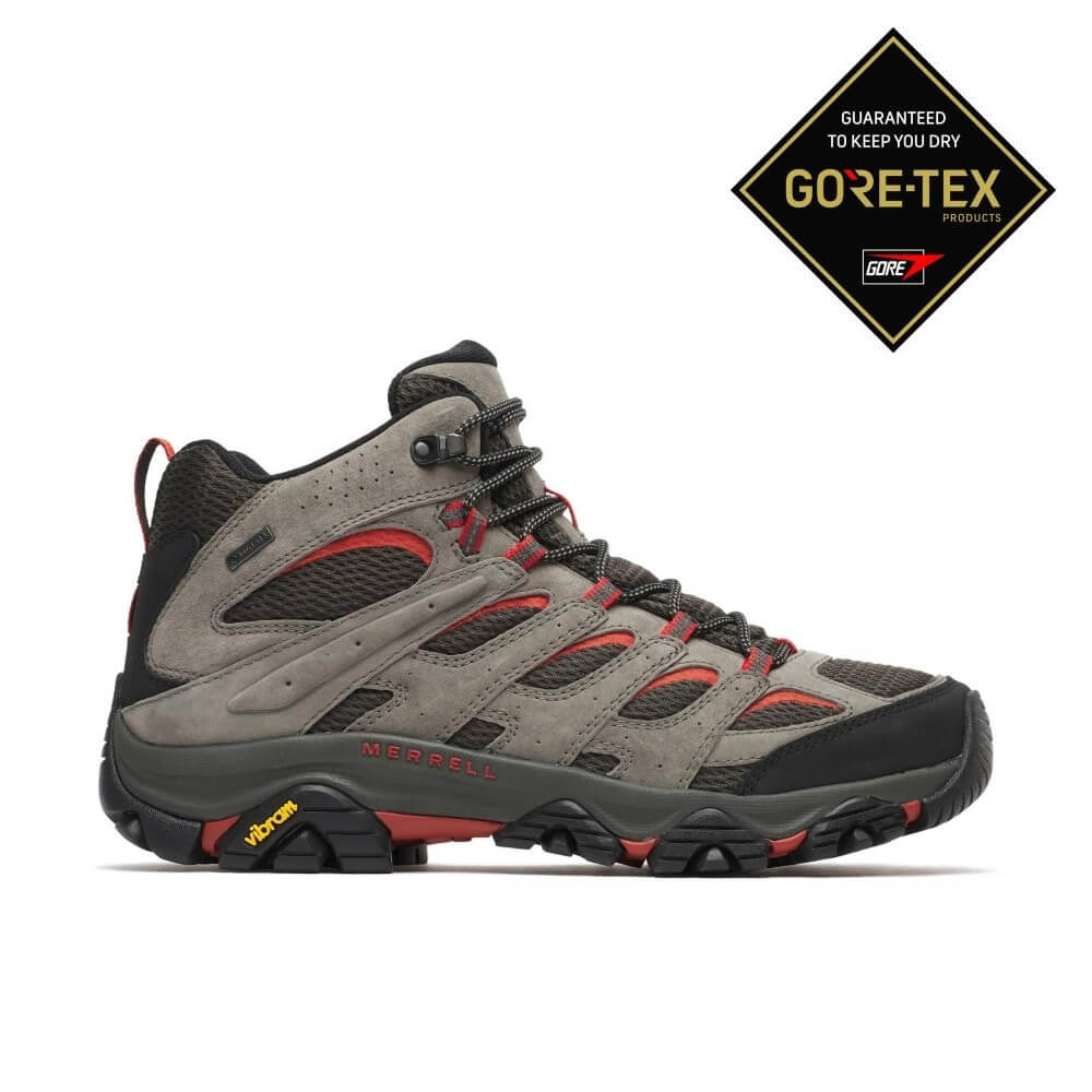 Merrell Moab Grey and red Gore-Tex Hiking Boot on a grey background 