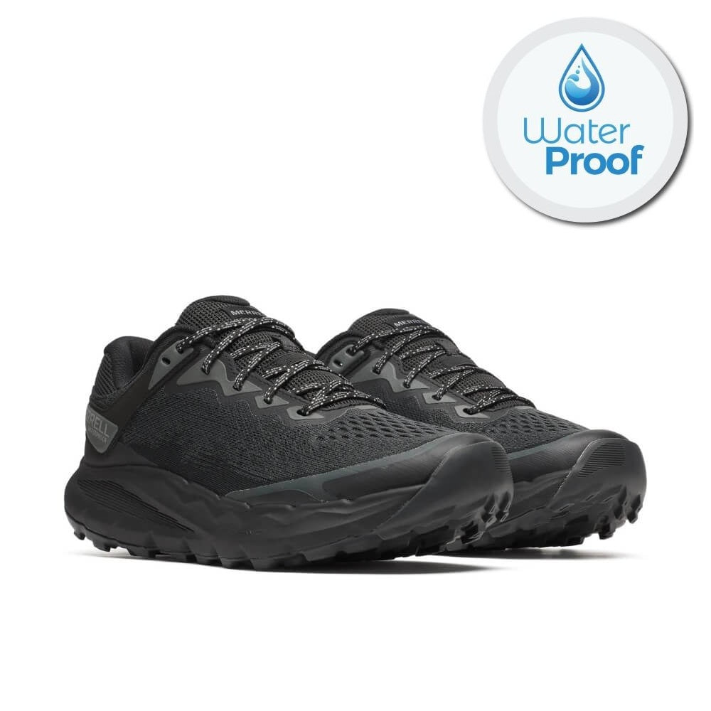 A pair of Merrell black trail running shoes shown from a three-quarters angle on a white background, with a circular 'Water Proof' badge in the top right corner.