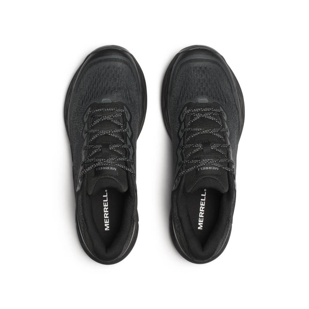 Black Merrell running shoes on a white background