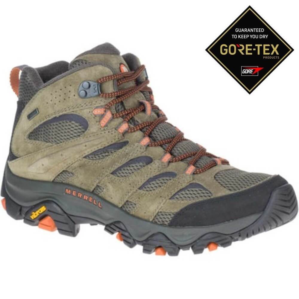 Green hiking boot with orange accents and GORE-TEX logo on a white background  Merrell Moab 3 Mid GTX Hiking Boot Olive Green 