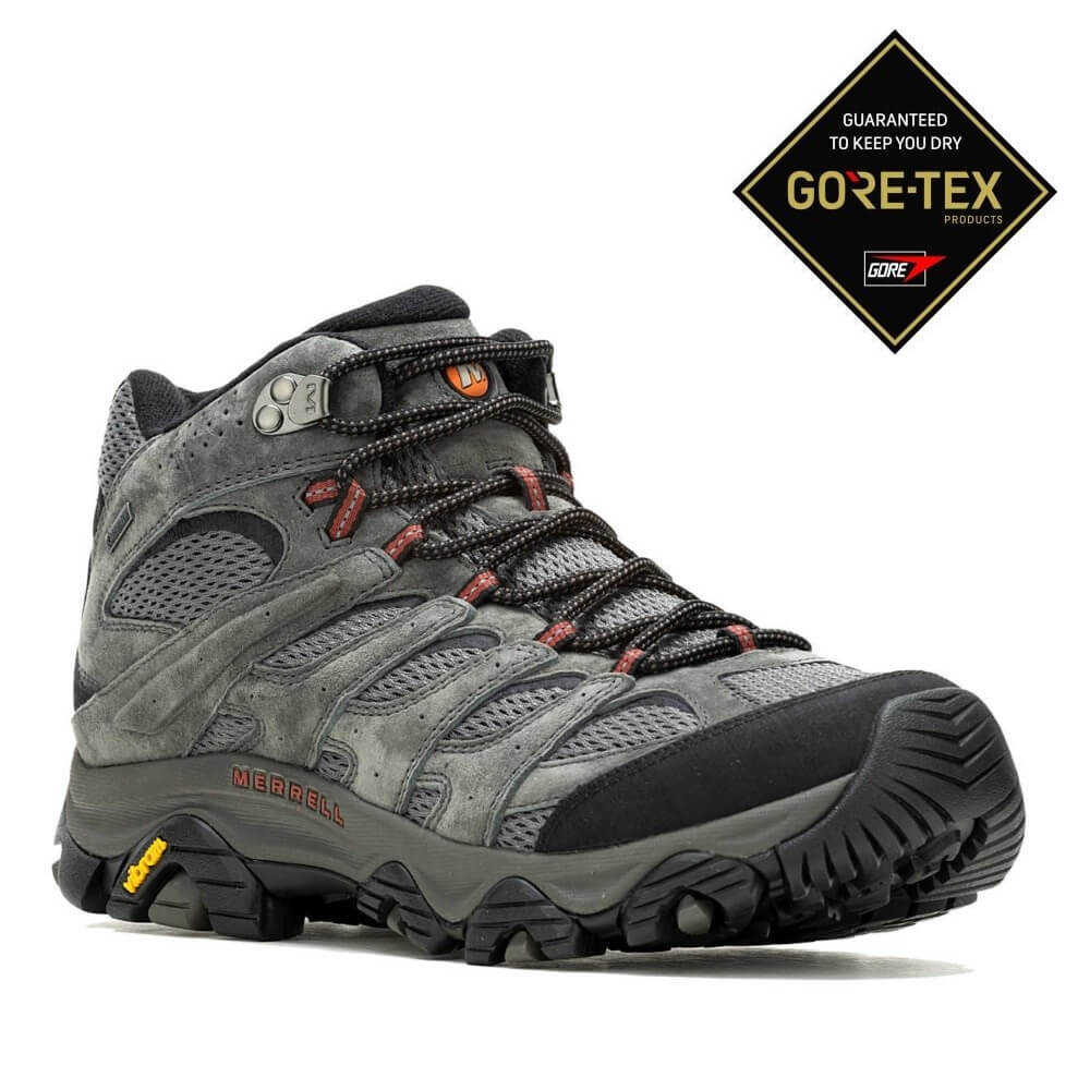 Gray hiking boot with black sole and Gore-Tex logo on a white background  Merrell Moab 3 Mid Gore-Tex Walking Boot Beluga Grey