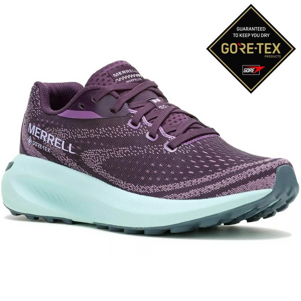Purple Merrell running shoe with teal sole on a white background, featuring the GORE-TEX logo. Merrell Morphlite Gore-Tex Walking Shoe Plum