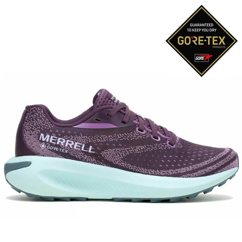 Purple Merrell running shoe with teal sole on a white background, featuring the GORE-TEX logo. Merrell Morphlite Gore-Tex Walking Shoe Plum