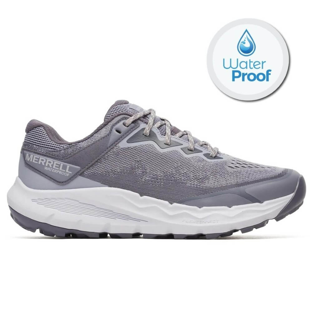 Merrell Gray hiking shoe with white sole on a white background, featuring a waterproof label.