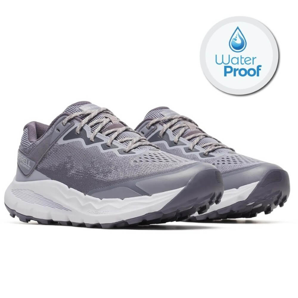 Merrell Gray hiking shoe with white sole on a white background, featuring a waterproof label.