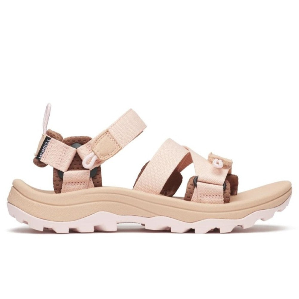Merrell Beige and brown sandals with white sole on a white background