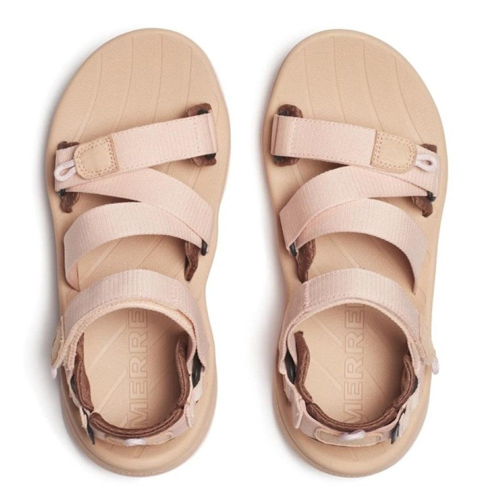 Merrell Beige and brown sandals with white sole on a white background