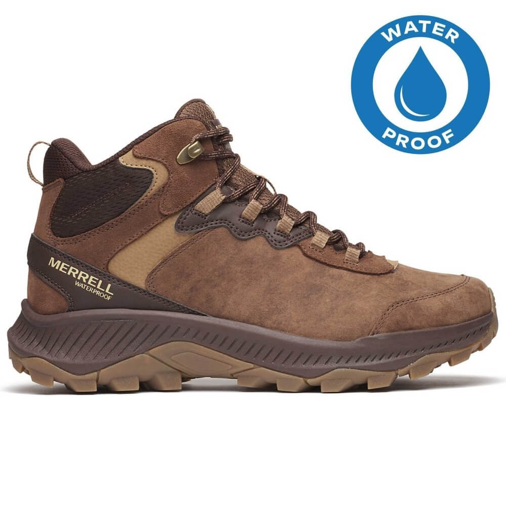 Brown hiking boot with Merrell branding and waterproof badge on a white background Merrell Speed Strike 2 LTR MID  Waterproof Hiking Boot Mole Brown