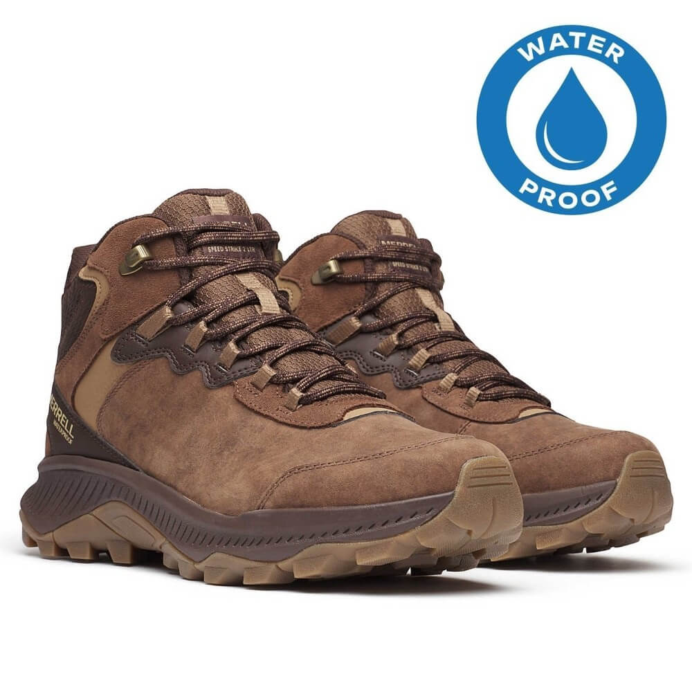 Brown hiking boot with Merrell branding and waterproof badge on a white background Merrell Speed Strike 2 LTR MID  Waterproof Hiking Boot Mole Brown