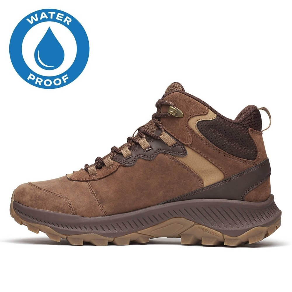 Brown hiking boot with Merrell branding and waterproof badge on a white background Merrell Speed Strike 2 LTR MID  Waterproof Hiking Boot Mole Brown