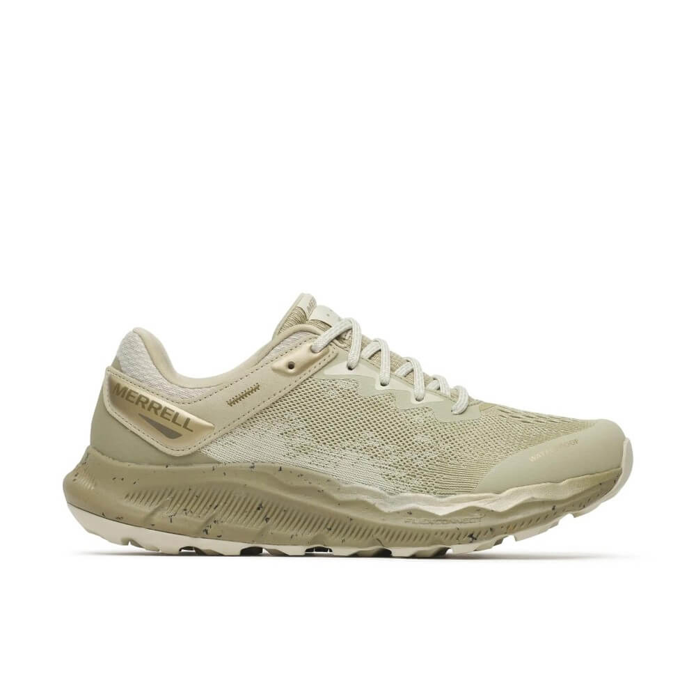 A single Merrell waterproof running shoe in a light green and beige colourway, featuring a textured knit upper, a speckled white midsole, and a light gray outsole, shown against a plain white background.