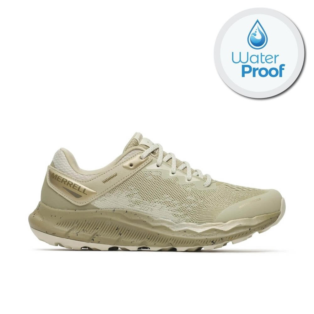 A  Merrell waterproof running shoe in a light green and beige colourway, featuring a textured knit upper, a speckled white midsole, and a light grey outsole, shown against a plain white background.