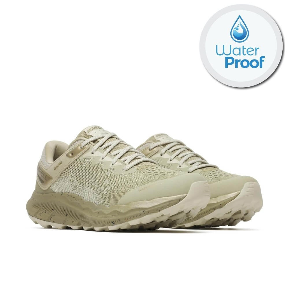 A pair of beige and off-white trail running shoes shown from a side profile view on a white background, with a circular 'Water Proof' badge in the top right corner.