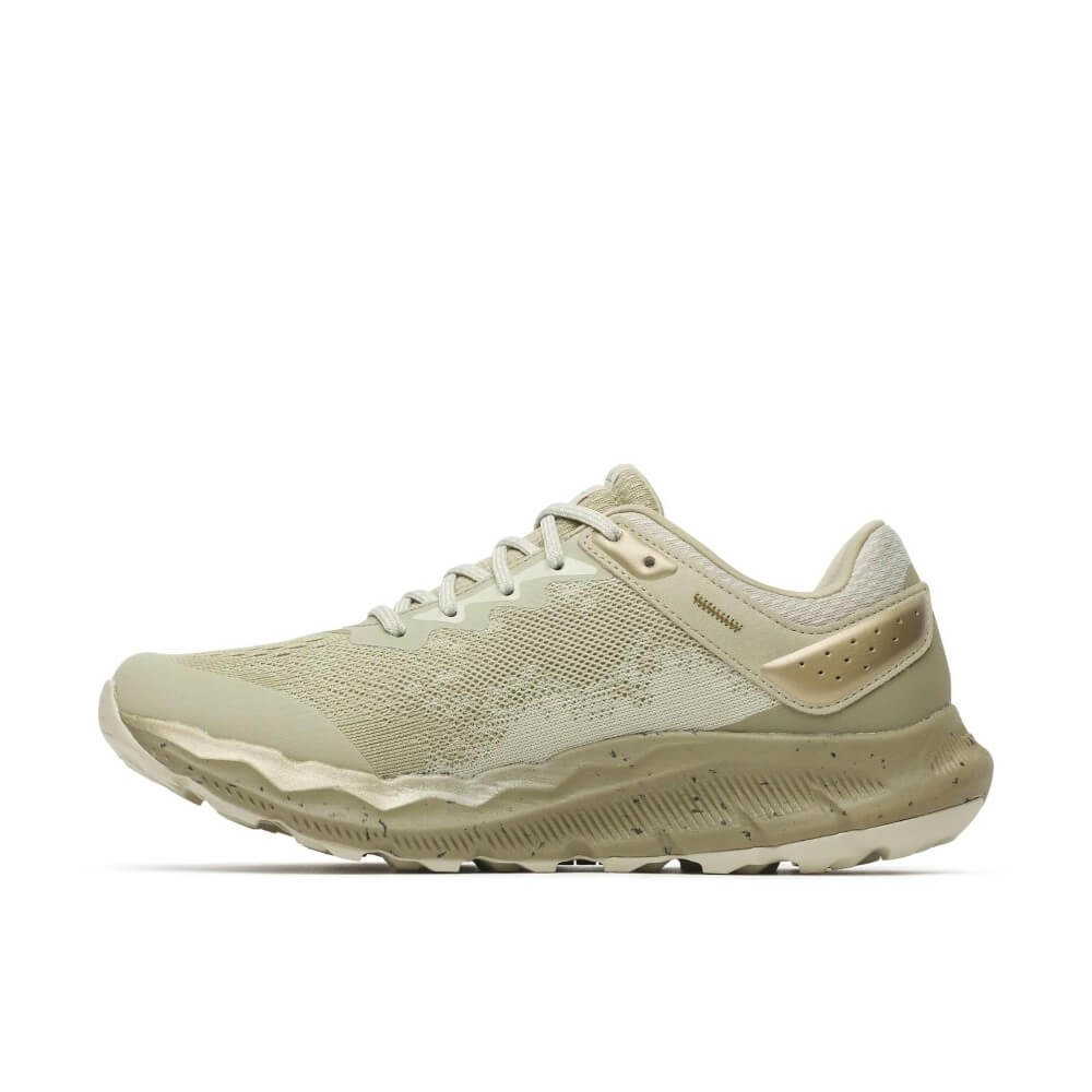 A pair of Merrell waterproof running shoe in a light green and beige colourway, featuring a textured knit upper, a speckled white midsole, and a light grey outsole, shown against a plain white background.